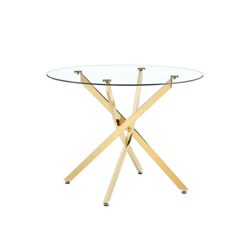 Mesa de comedor redonda 88 cm - diseño moderno minimalista de vidrio templado con estructura metálica dorada para espacios pequeños 2-4 personas - dorado transparente