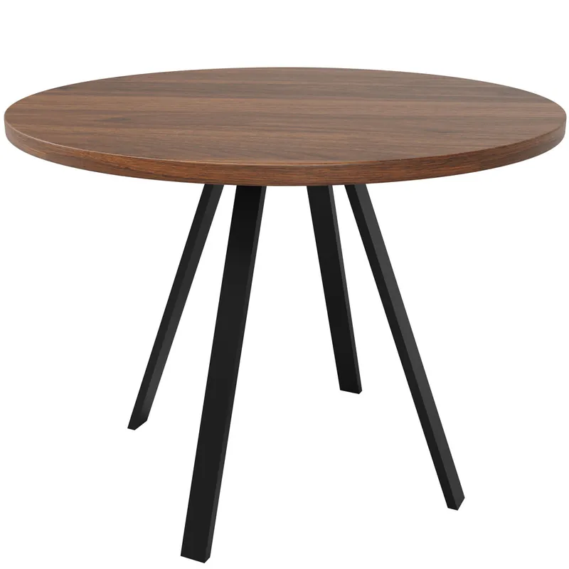 Mesa de comedor redonda moderna (80 cm de diámetro), soporte de metal, tapa con efecto de vetas de madera, marrón - Muebles