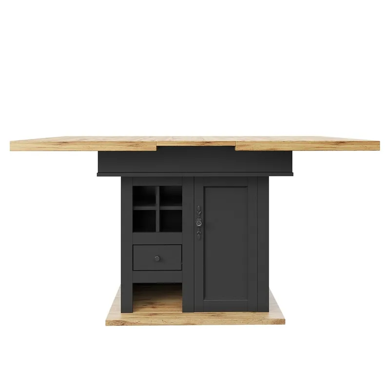 Mesa extensible Telescópica (110-140×80 cm) - Mesa de cocina con estante para vino y cajones - Color madera