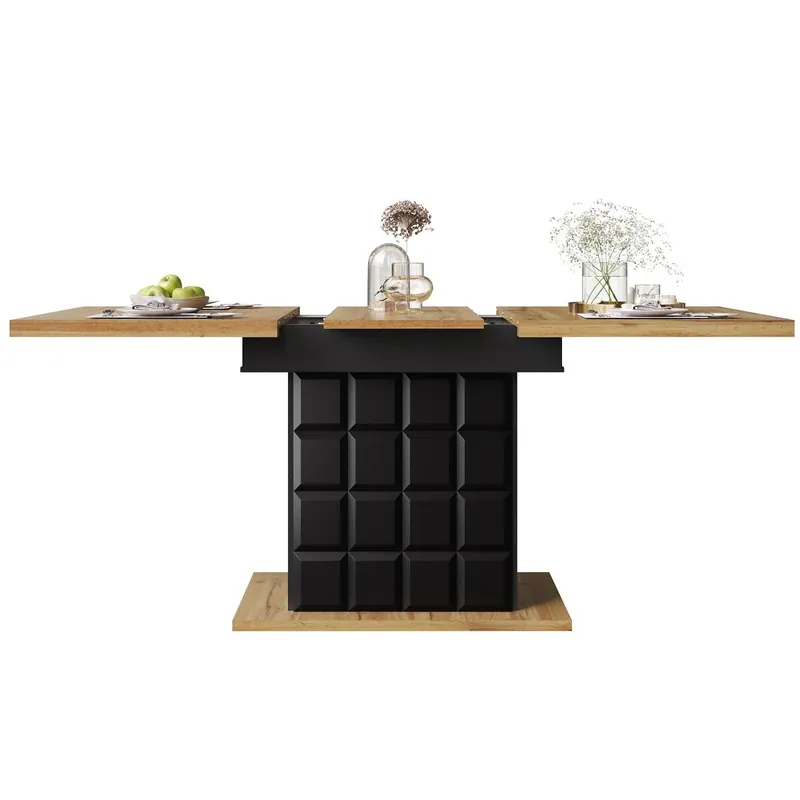 Mesa extensible telescópica 110-140×80 cm - Mesa de comedor para 4-6 personas - Estilo a cuadros - Negro, Natural