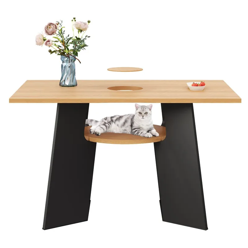 Mesa de comedor para mascotas 130x85x75 cm - Área para mascotas y estante - Negro + Natural