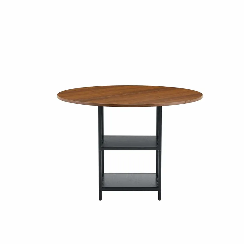 Mesa redonda 107 cm - Doble estante, MDF + estructura metálica - Color Nogal