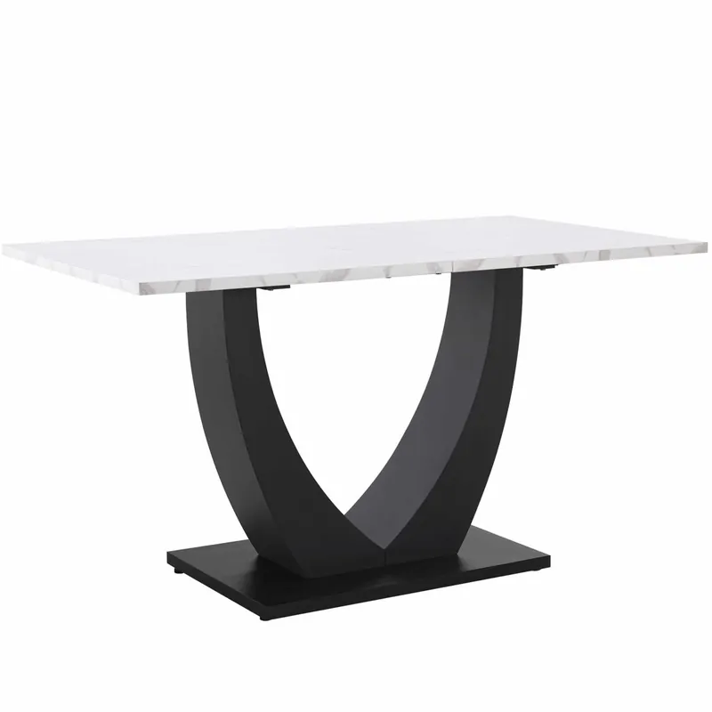 Mesa de comedor 140x75,5 cm - Mesa de cocina moderna, estructura de metal, patrón marmoleado, pies ajustables - Blanco/Negro