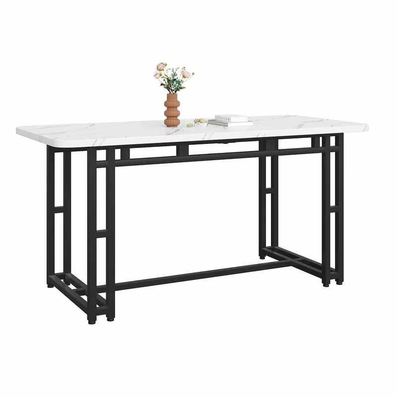 Mesa de comedor - tapa efecto mármol - patas de metal negro - 140x80cm - Blanco y Negro