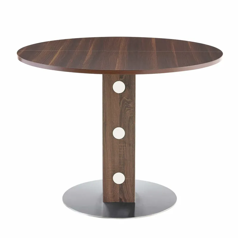 Mesa de comedor redonda 100 cm - pedestal cuadrado, detalles espejo, estructura metálica - nogal