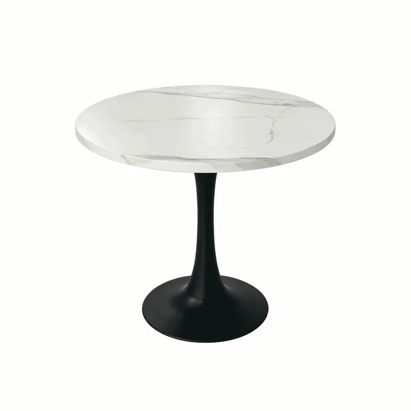 Mesa de comedor redonda 80cm - Mesa de entrada pequeña con patrón de mármol blanco, escritorio de madera y pedestal de metal negro - Blanco+Negro