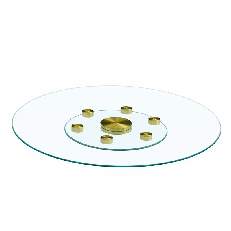 Mesa con tablero giratorio de vidrio - 77 cm diámetro superior, 38 cm diámetro inferior - Diseño dorado y transparente