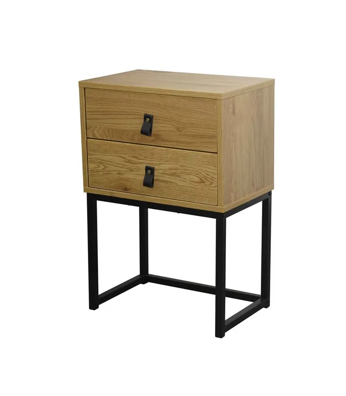 Mesita de noche 2 cajones patas de metal efecto roble - Muebles