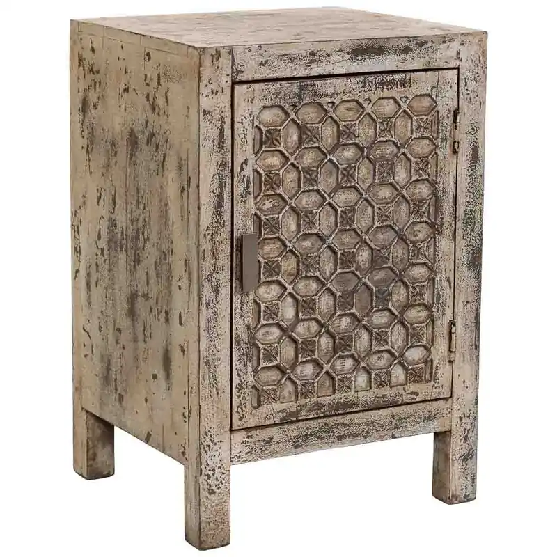 Mesita de noche de madera artesanal beige 45x35x60h cm - Muebles