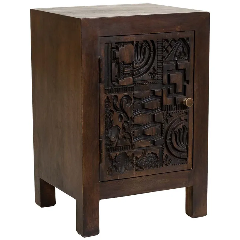 Mesita de noche de madera tallada artesanal marrón 40x35x60h cm - Muebles