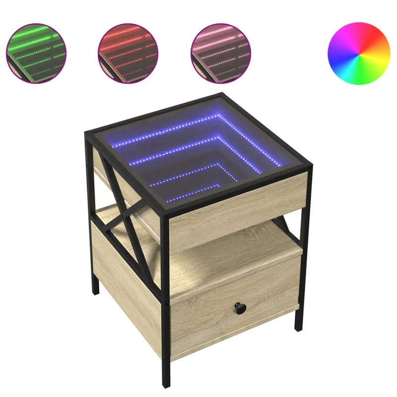 Mesita De Noche - Mesilla De Noche con Infinity LED roble ahumado 40x40x51 cm