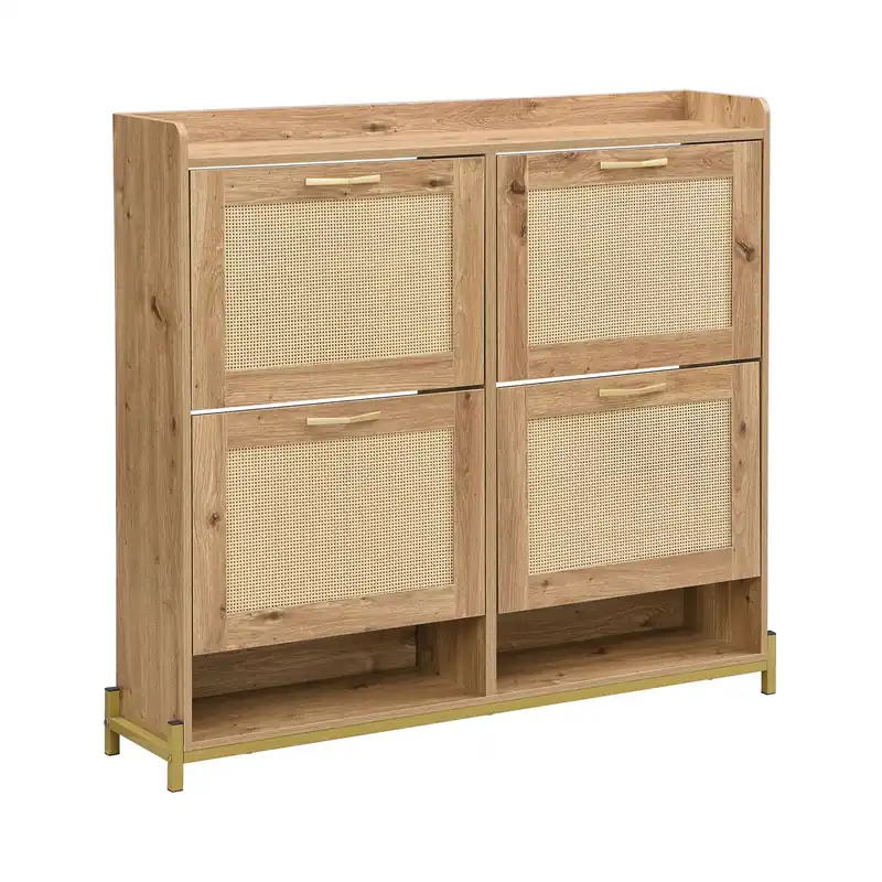 Zapatero Grande De Madera Color Roble Con Puertas Abatibles De Ratán Natural, Estilo Nórdico, Con Gran Capacidad De Almacenaje Y Diseño Moderno, Ideal Para Recibidor, Dormitorio O Pasillo - Muebles