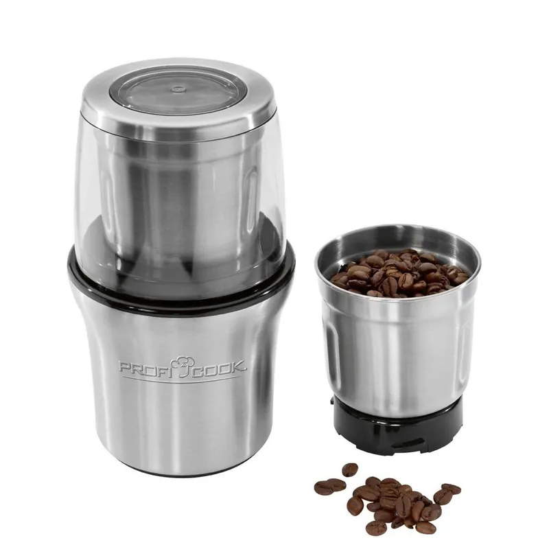 Proficook KSW 1021 Molinillo Café Eléctrico, Picador Multiusos, 85 g café, Dobles Cuchillas y 2 Vasos en Acero Inox., 200, Plata - Cocina