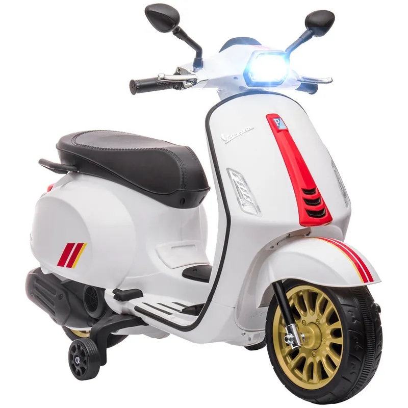 AIYAPLAY Moto Eléctrica para Niños de +3 Años con Licencia Vespa Moto de Batería para Niños 6V con USB MP3 Luz LED Radio FM Velocidad 3 km/h Carga 35 kg Blanco - Electrónica