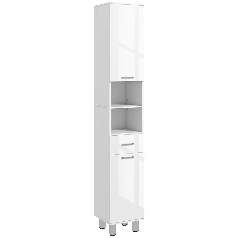 kleankin Armario de Baño Alto, Columna Auxiliar de Baño, con 1 Cajón, 3 Estantes Ajustable, 2 Armarios, para Salón, Dormitorio, 30x30x180 cm, Blanco Brillante
