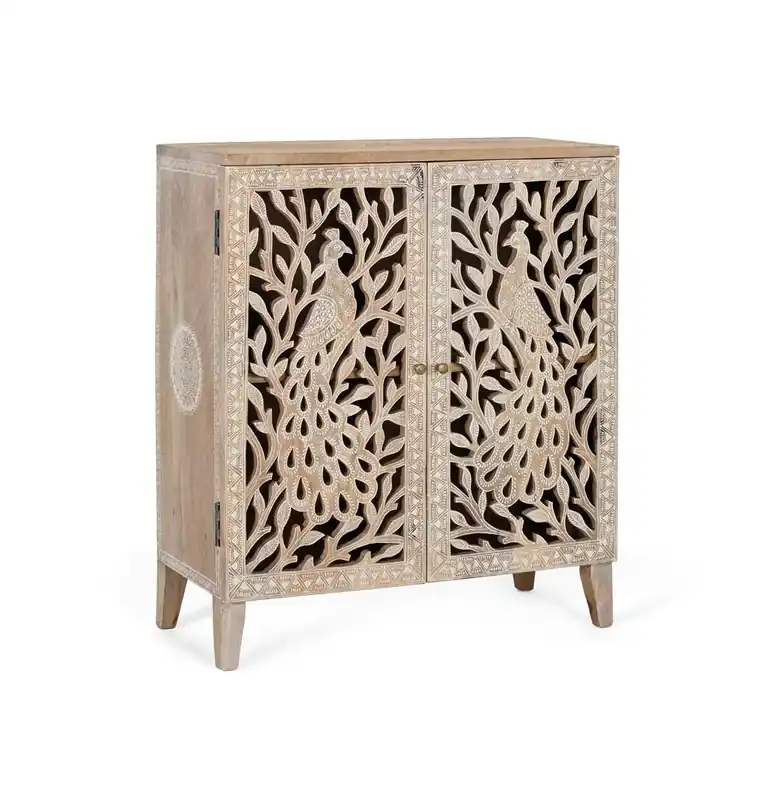 Mueble auxiliar fabricado en madera de mango, lo que le otorga una apariencia sólida y resistente con tonos naturales. - Muebles