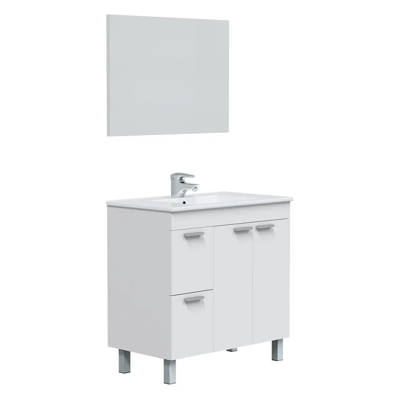 Mueble baño Adam 2 puertas 2 cajones, espejo y lavabo, Blanco brillo