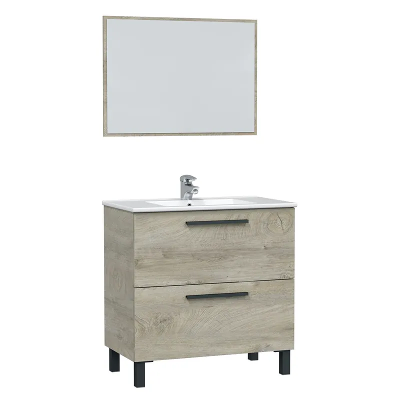 Mueble baño Alise 2 cajones, espejo y lavabo, Alaska