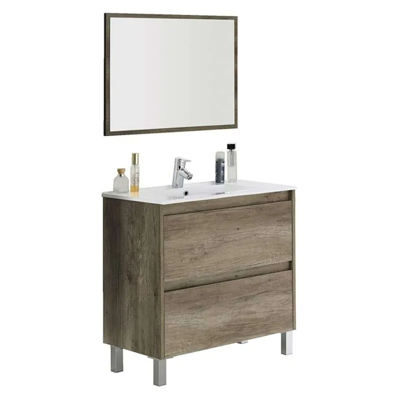 Mueble de Baño Zenda Estilo Natural en Color Roble Nordik con Espejo y 2 Cajones 80x80x45 cm (Lavabo Opcional)