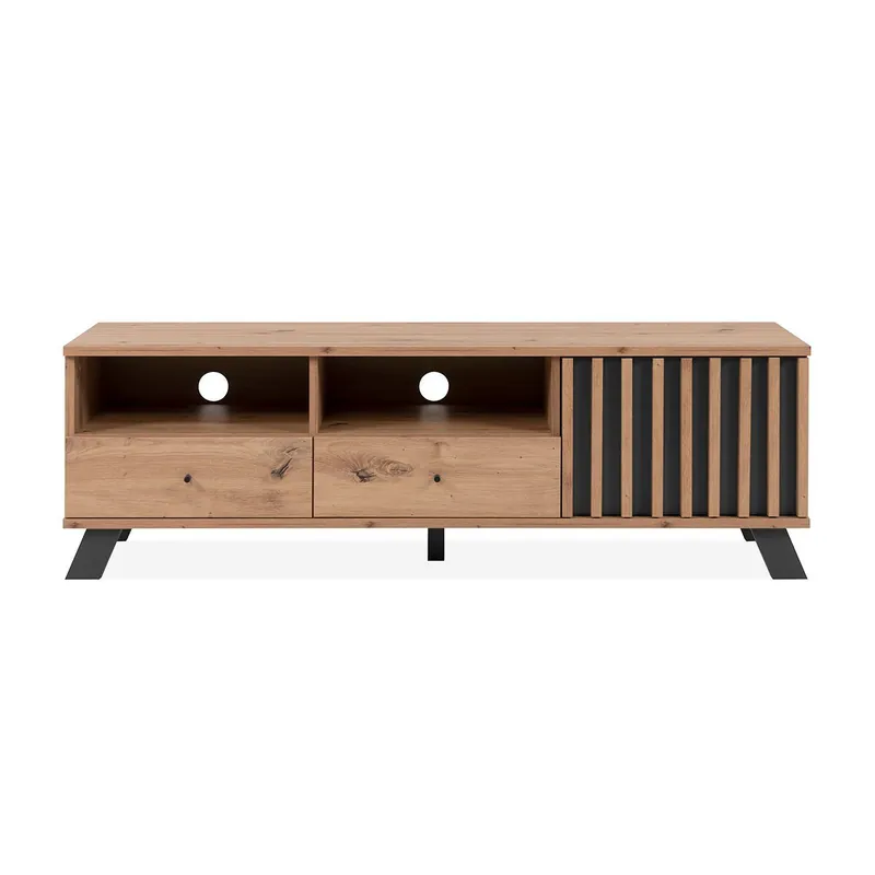 Mueble de TV 1 puerta, 2 cajones y 2 estantes decorativos roble artesanal L138 cm - LUBLIN