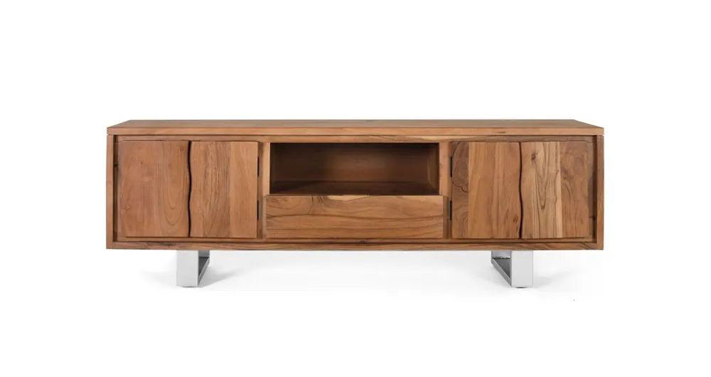 Mueble de TV 4 puertas y 1 cajón fabricado en madera maciza de acacia en color natural y patas de metal, con guías metálicas, 56x40x170 cm - Giner y Colomer