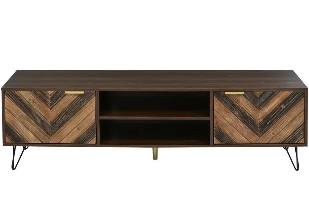 Mueble TV efecto madera, 2 puertas y 2 nichos abiertos, marrón, 155x38x48cm - Muebles