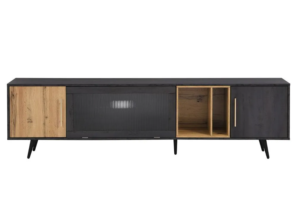 Mueble de TV de cristal gris y ondulado con 3 puertas batientes, nicho de almacenaje abierto 200 x 40 - Muebles