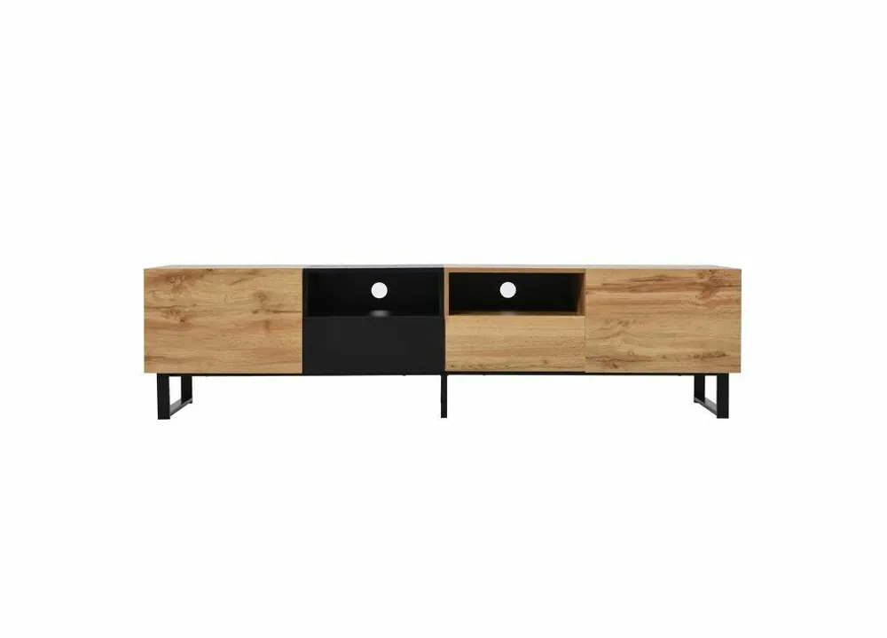 Mueble de TV moderno en diseño negro y madera con amplio espacio de almacenamiento. - Muebles
