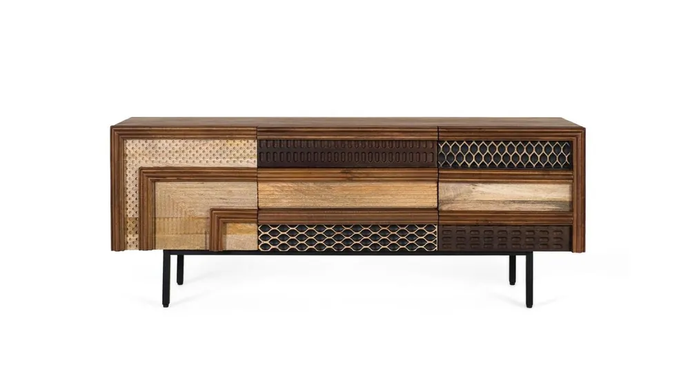 Mueble de tv de madera de mango con patrones geométricos - Muebles