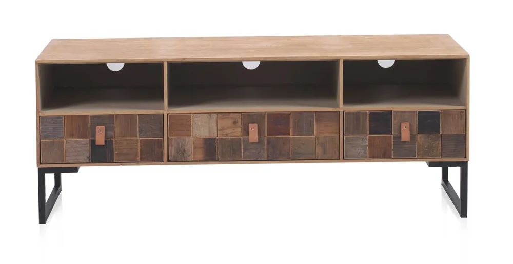 Mueble de TV de madera de fresno lavado en blanco con patas de metal - Muebles