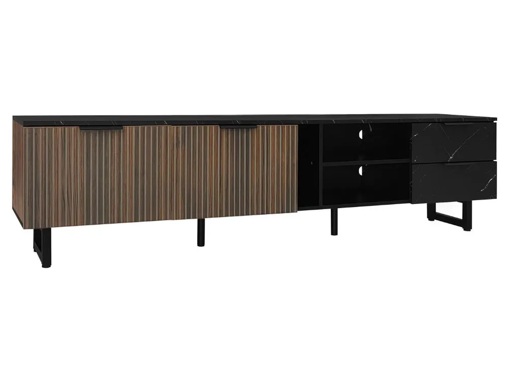 Mueble de TV efecto mármol negro con iluminación LED, 2 puertas y 2 cajones - Muebles