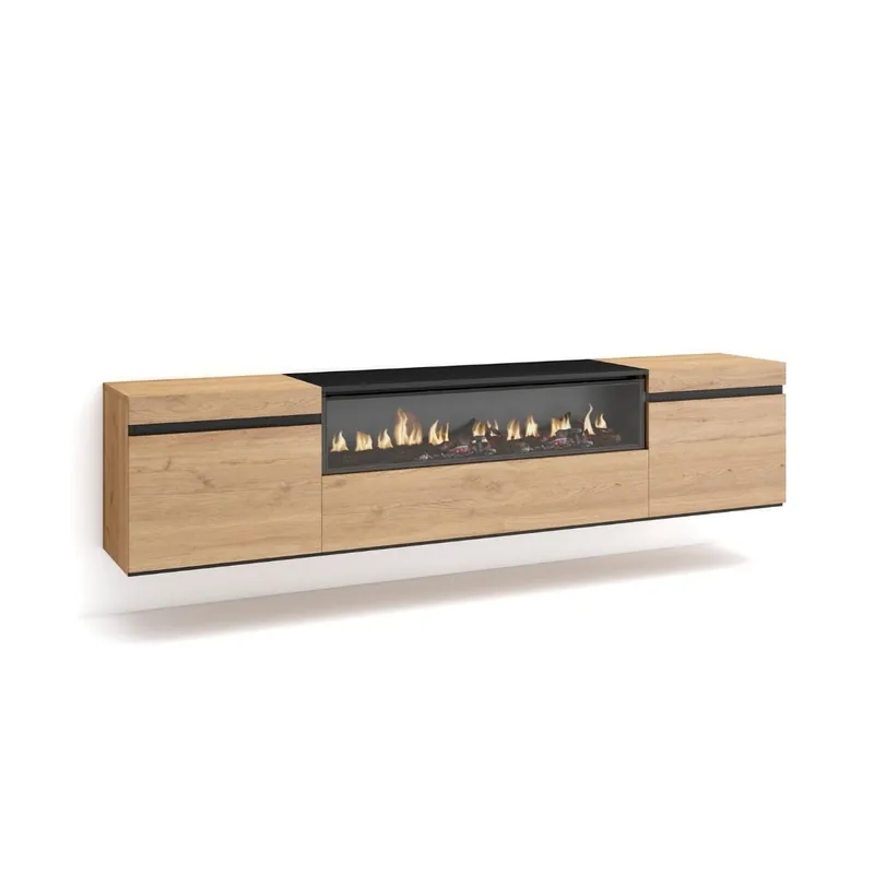 Mueble de TV Kroma diseño flotante con chimenea al centro gris 45x203x34,6 cm - Muebles