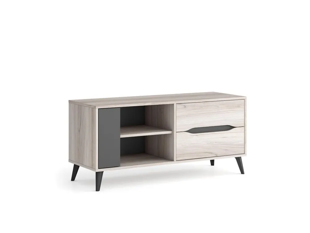 Mueble TV 110, 2 cajones + 1 puerta, salón comedor, Modelo KAI, color roble y gris, 113x40x52cm - Muebles