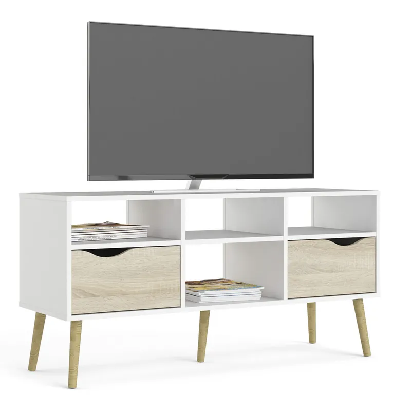 Mueble de TV Para Salón Tajo , Con Estantes y 2 Cajones ,Color Blanco y Roble Patinado , 118 x 40 x 58 cm - Muebles