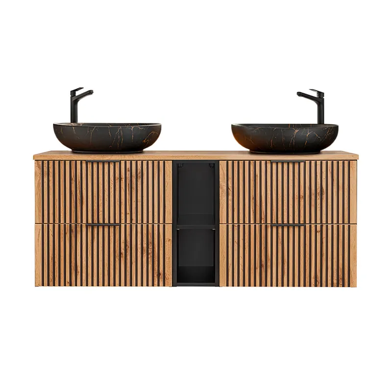 Mueble doble lavabo 140cm 2 compartimientos Gaia Madera y Negro - Lavabo Negro