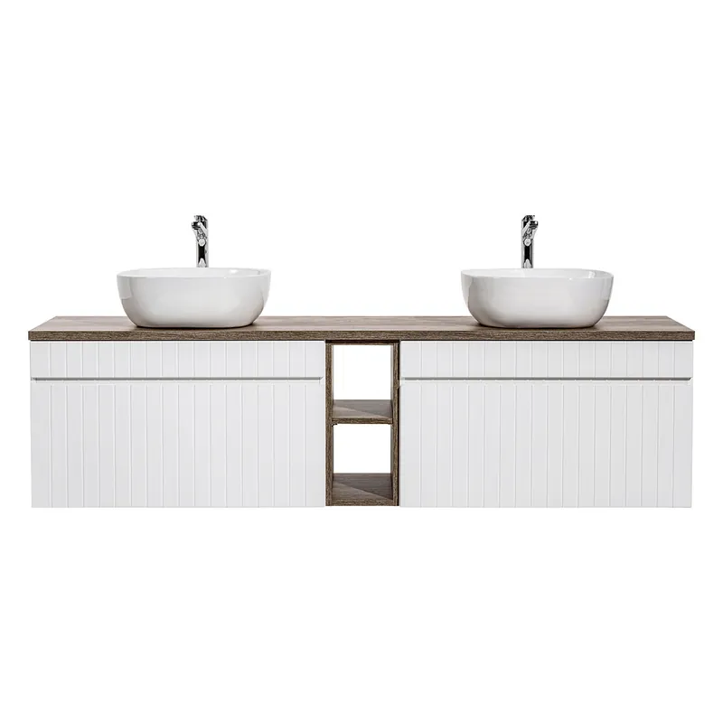 Mueble lavabo doble 180cm 2 nichos Zelie Blanco y Madera - Baño