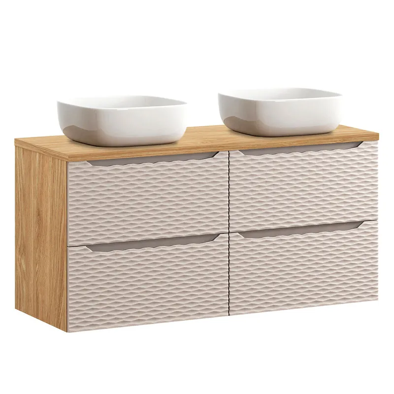 Mueble doble lavabo 120cm 4 cajones Elora Beige y madera - Baño
