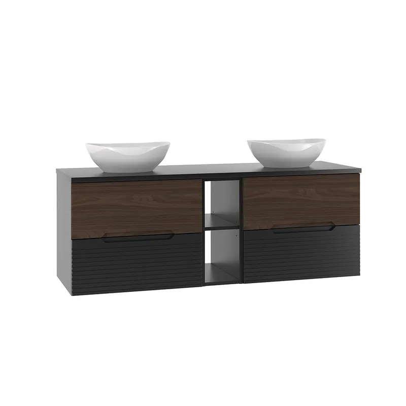 Mueble doble lavabo 140cm compartimiento Sylla Negro y madera - Baño