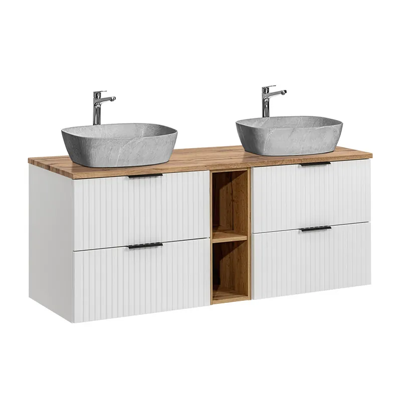 Mueble doble lavabo efecto piedra 140 cm 2 nichos Adriel blanco - Baño