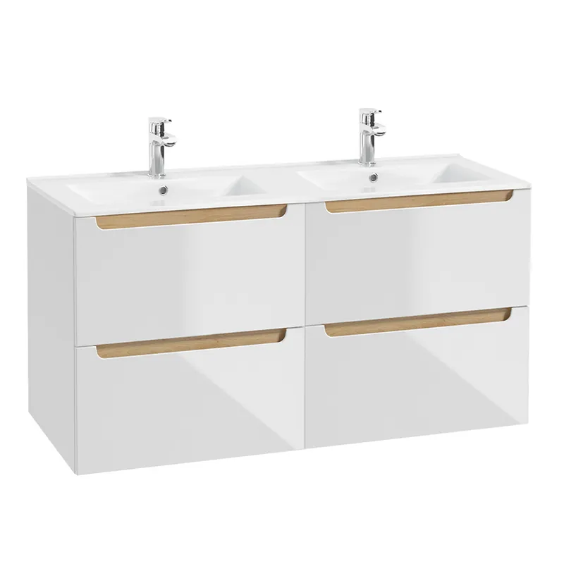 Mueble doble lavabo encastrado 120cm 4 cajones Livia Blanco y Madera - Baño
