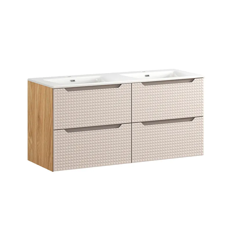 Mueble doble lavabo encastrado 120cm Mallory Beige y madera - Baño