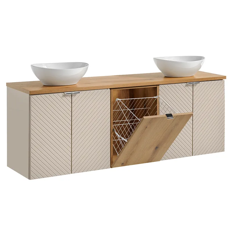 Mueble lavabo doble 160cm 4 puertas cesto de ropa Manoa Cachemira y Madera - Baño