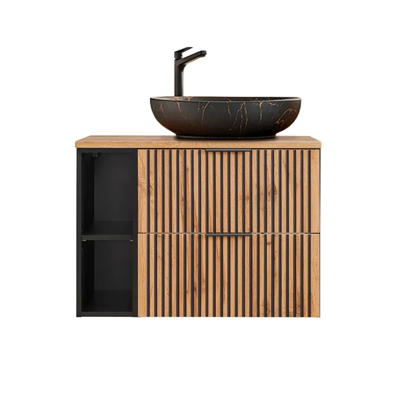 Mueble lavabo individual 80cm 2 compartimientos Gaia Madera y Negro - Lavabo Negro