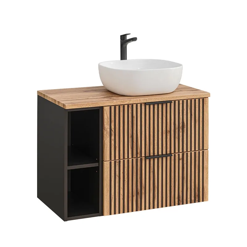 Mueble lavabo individual 80cm 2 nichos Gaia Madera y Negro - Baño