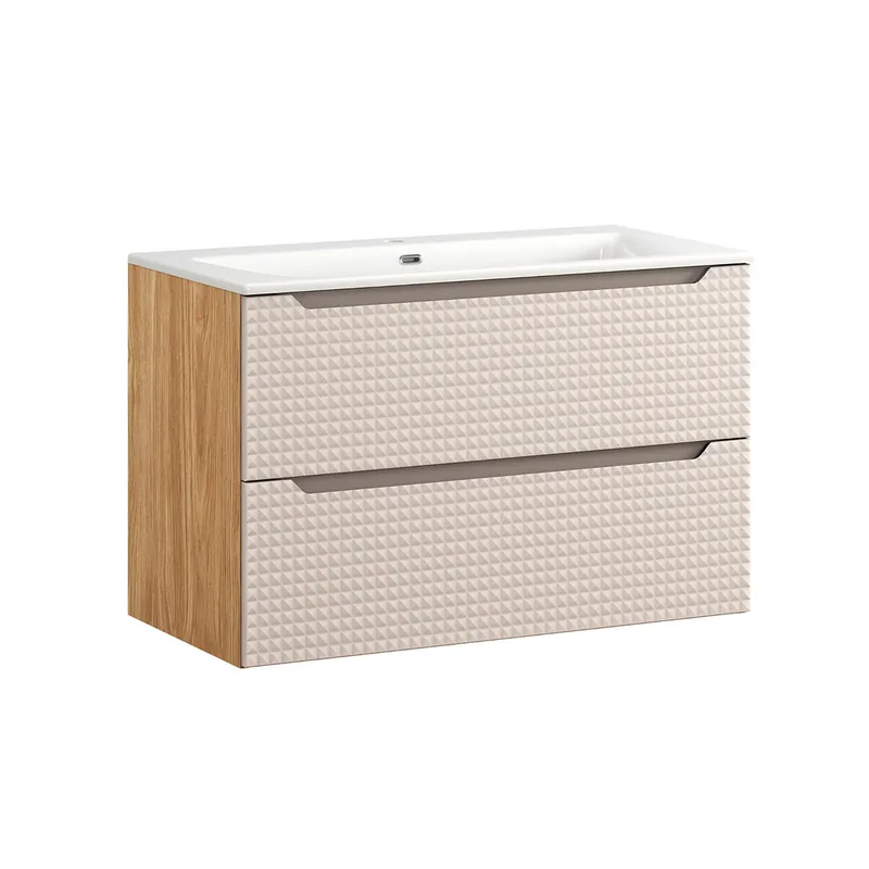Mueble lavabo individual encastrado 90cm Mallory Beige y madera - Baño