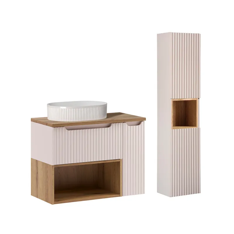 Mueble lavabo 80cm Riva Cashmere y madera con nicho y pedestal - Baño