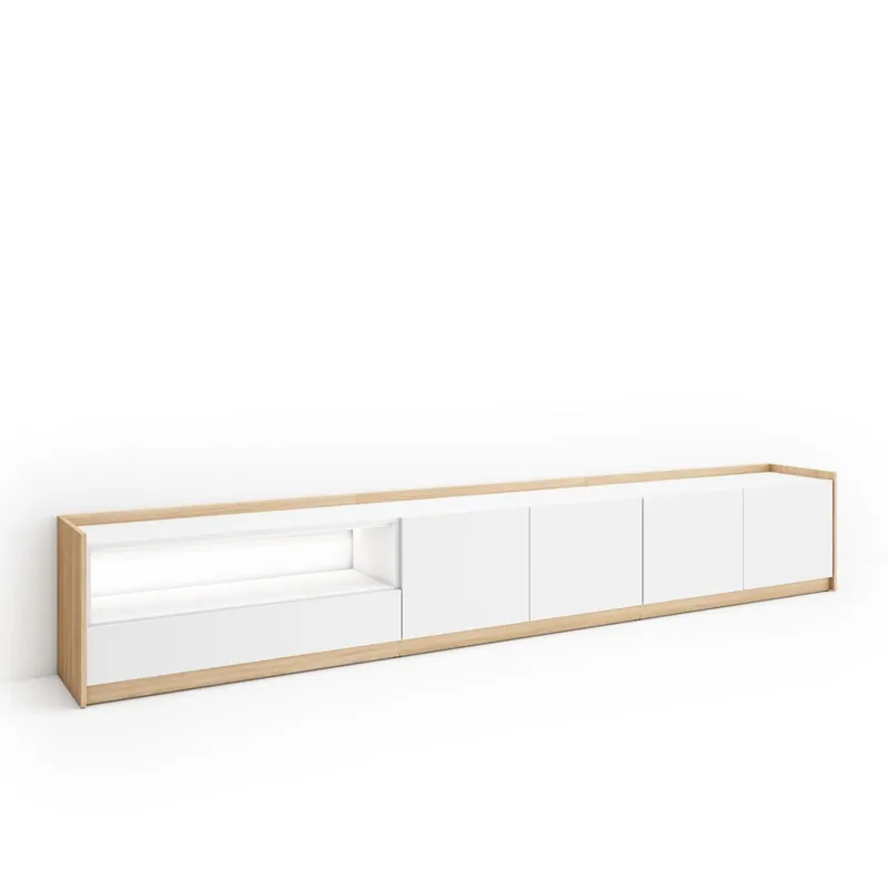 Mueble TV, Televisión, Muebles de salón, almacenaje, 310x37x50cm, Para TV hasta 80", LED, Estilo Moderno, Blanco y roble soft