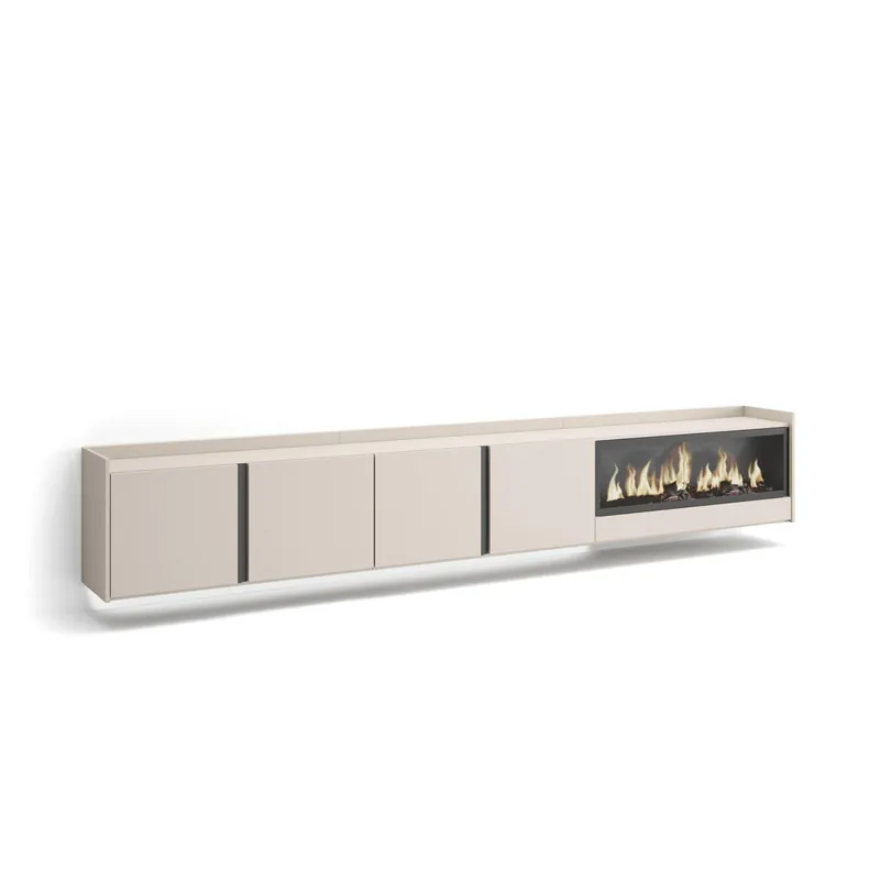 Mueble TV, Televisión, Muebles de salón, almacenaje, 315x35x50cm, Para TV hasta 80", Chimenea eléctrica XXL, Colgado, Suspendido, LED, Estilo Moderno, Beige