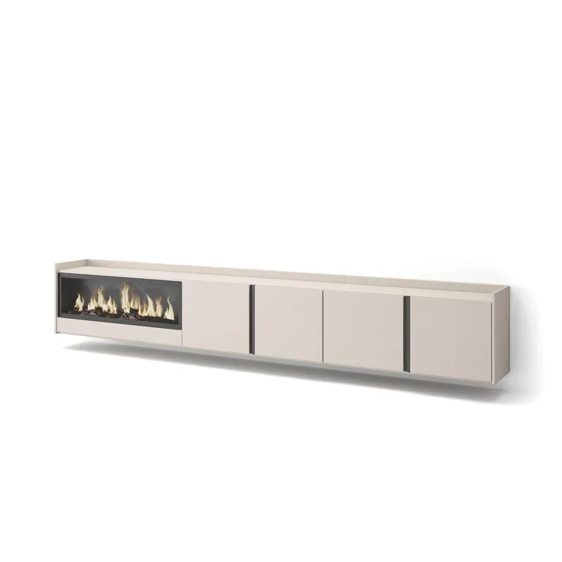 Mueble TV, Televisión, Muebles de salón, almacenaje, 315x35x50cm, Para TV hasta 80", Chimenea eléctrica XXL, Colgado, Suspendido, Estilo Moderno, Beige