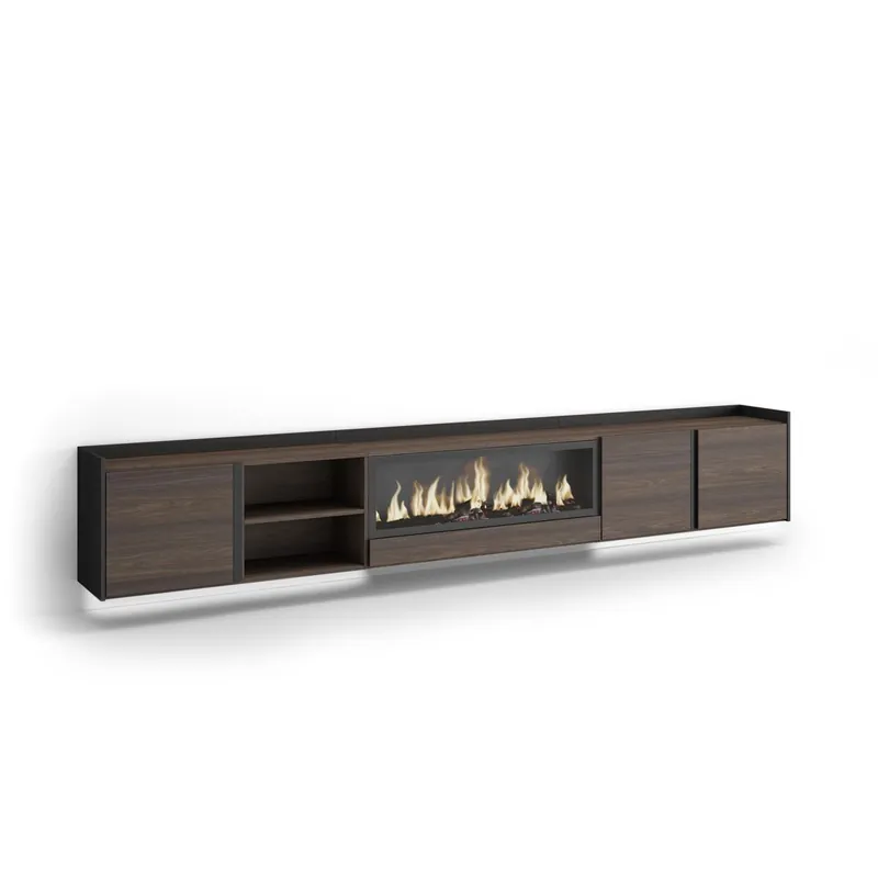 Mueble TV, Televisión, Muebles de salón, almacenaje, 315x35x50cm, Para TV hasta 80", Chimenea eléctrica XXL, Colgado, Suspendido, LED, Estilo Moderno, Beige